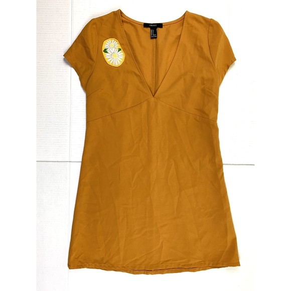 Forever 21 Dress V Neck Short Sleeve Midi Womens Size S Mustard Yellow Applcated - Picture 5 of 10